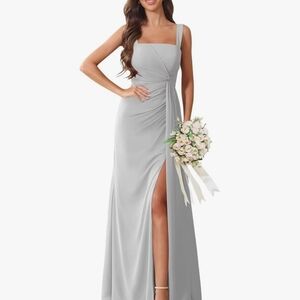 Square Neck Chiffon Bridesmaid Dress - Long Pleated Formal Dress with Slit